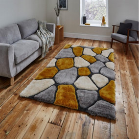 Grey/Yellow Modern Shaggy Easy to Clean Handmade Bedroom Dining Room And Living Room Rug -120cm X 170cm