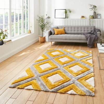 Grey Yellow Modern Shaggy Geometric Easy to Clean Rug for Living Room Bedroom and Dining Room