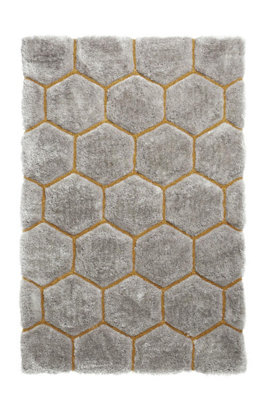 Grey/Yellow Rug, 40mm Thick Handmade Rug, Geometric Anti-Shed Rug ...