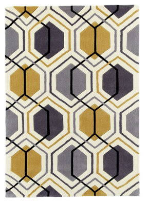 Grey/Yellow Rug, Stain-Resistant Easy to Clean Geometric Rug, Modern Rug for Living Room, & Dining Room-90cm X 150cm