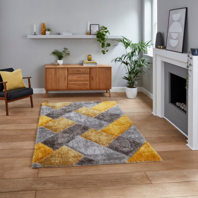 Grey Yellow Shaggy Geometric Modern Easy to Clean Rug for Living Room Bedroom and Dining Room-80cm X 150cm