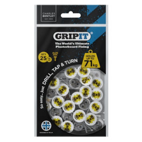 Gripit 15mm Plasterboard Fixing - 25 Pack (Yellow) Stud Wall Anchor Max 71kg