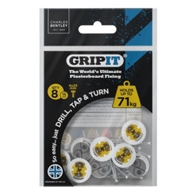 Gripit 15mm Plasterboard Fixing - 8 Pack (Yellow) Stud Wall Anchor Max Load 71kg