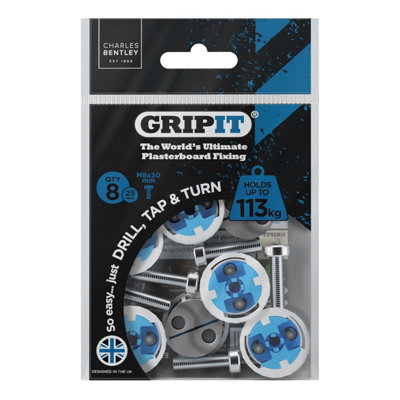 Gripit 25mm Plasterboard Fixing - 8 Pack (Blue) Stud Wall Anchor Max Load 113kg