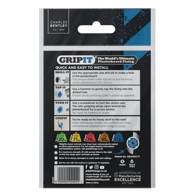Gripit 25mm Plasterboard Fixing - 8 Pack (Blue) Stud Wall Anchor Max Load 113kg