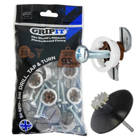 GRIPIT Grip it Brown 20mm Plasterboard Fixing Bolts + Recess Cutter 93kg Cap