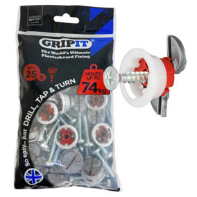 GRIPIT Grip it Red 18mm 74kg Capacity Plasterboard Fixings and Screws 25 Pack