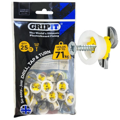 GRIPIT Grip it Yellow 15mm 71kg Capacity Plasterboard Fixings and Screws 25 Pack