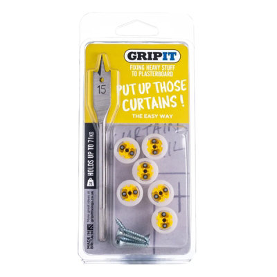 GRIPIT Grip it Yellow Curtain Pole Hanging Kit Plasterboard Wall 71kg Capacity