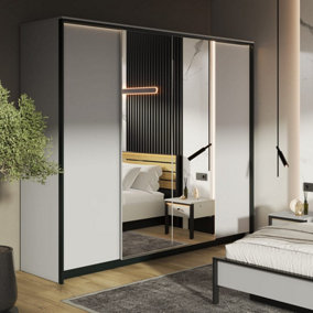 GRIS Hinged Door Wardrobe with Mirrors and LED Lighting (H)2150mm (W)2500mm (D)630mm - Contemporary and Spacious Bedroom Storage