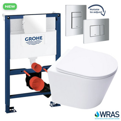 Grohe 0.82m Low Height Concealed Frame Cistern Set & Bubly Bathrooms™ Rimless D Shape Wall Hung Toilet - Hidden Fixation