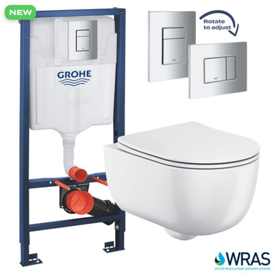 Grohe 1.13m Concealed Frame Cistern Set & Bubly Bathrooms™ Rimless D Shape Wall Hung Toilet 2.0 - Hidden Fixation