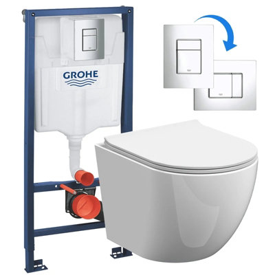 Grohe 1.13m Concealed Frame Cistern Set & Bubly Bathrooms™ Rimless D Shape Wall Hung Toilet - Hidden Fixation