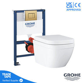 GROHE EURO Rimless Wall Hung Toilet Pan with 0.82m Concealed Cistern Frame Dual Flush Plate - Brushed Cool Sunrise