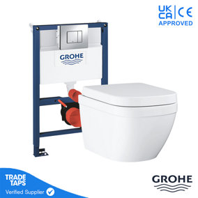 GROHE EURO Rimless Wall Hung Toilet Pan with 0.82m Concealed Cistern Frame Dual Flush Plate - Chrome