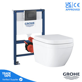 GROHE EURO Rimless Wall Hung Toilet Pan with 0.82m Concealed Cistern Frame Dual Flush Plate - Phantom Black