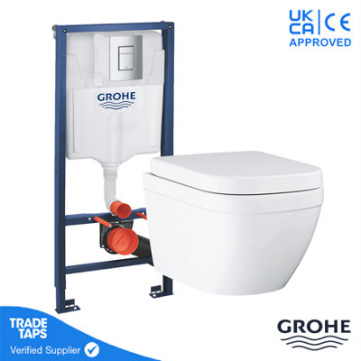 GROHE EURO Rimless Wall Hung Toilet WC Pan with GROHE 1.13m Concealed Cistern Dual Flush  Frame - Chrome