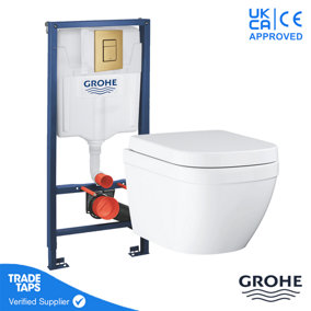 GROHE EURO Rimless Wall Hung Toilet WC Pan with GROHE 1.13m Concealed Cistern Dual Flush  Frame - Cool Sunrise
