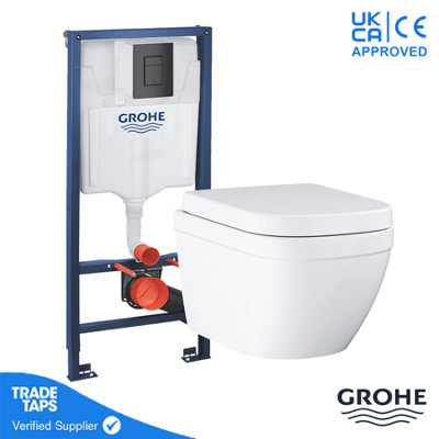 GROHE EURO Rimless Wall Hung Toilet WC Pan with GROHE 1.13m Concealed Cistern Dual Flush  Frame - Phantom Black Price Comparisons | Compare The Build