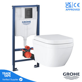 GROHE EURO Rimless Wall Hung Toilet WC Pan with GROHE 1.13m Concealed Cistern Dual Flush  Frame - Phantom Black