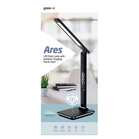 Groov-e Ares Desk LED Lamp with Wireless Charging Pad & Clock - Black