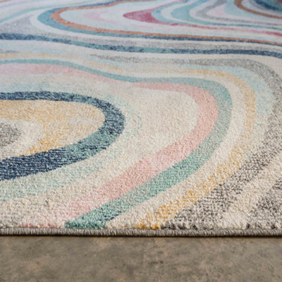 Grooved Lines Retro Milticoloured Pastel Fireside Living Area Rug 120cm ...