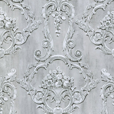 Grosvenor 3D Effect Floral Damask Wallpaper Grey Debona 6217