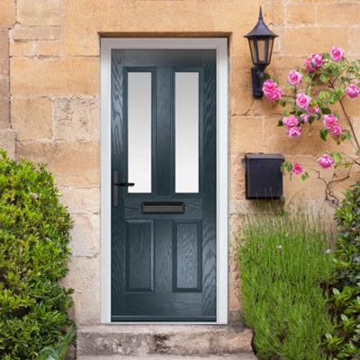 GRP Front door Carnoustie Anthracite Grey 890mm x 2090mm Open in Right hand Stipolytte Glass 10 Year Guarantee with Free Delivery