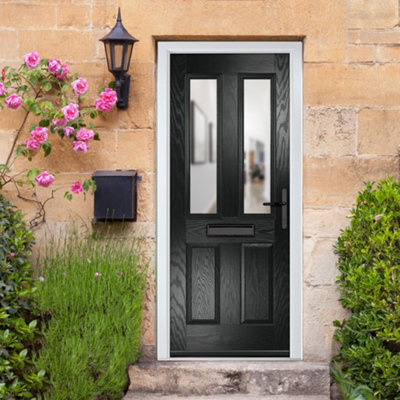 GRP Front door Carnoustie Black 890mm x 2090mm Open in Left hand Clear Glass