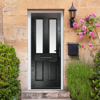 GRP Front door Carnoustie Black 890mm x 2090mm Open in Left hand Stipolytte Glass