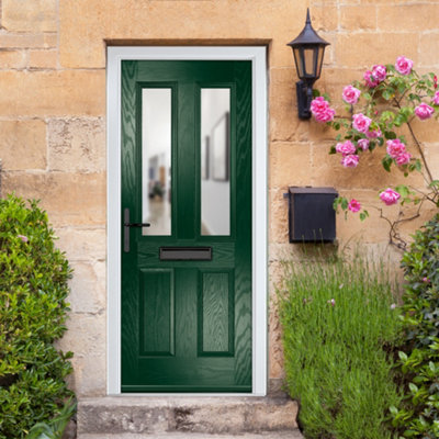 GRP Front door Carnoustie Green 890mm x 2090mm Open in Right hand Clear Glass