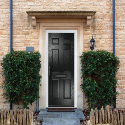 GRP Front door Muirfield solid Black 890mm x 2090mm Open in Right hand None Glass