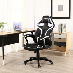 GTFORCE ROADSTER 1 SPORT RACING CAR OFFICE CHAIR, ADJUSTABLE LUMBAR SUPPORT GAMING DESK FAUX LEATHER WITH MESH TRIMMINGS (White)