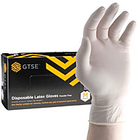 GTSE White Latex Disposable Gloves, Powder Free, Size Medium, Box of 100