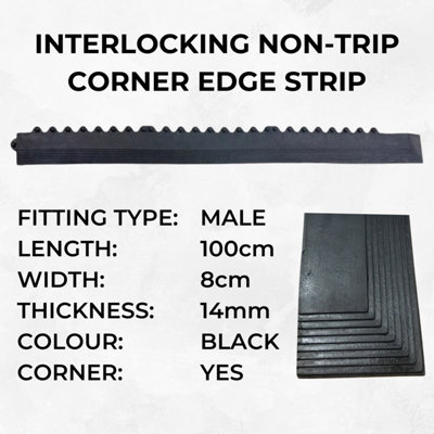 Gym Mat Interlocking Edge Finishing Strip - Corner Piece - 1000mm Long - Male - Black - 4