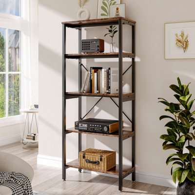 H O 5 Tier Bookcase Wood Rustic Industrial Etagere Bookshelf Metal and Wood Free Vintage Display Rack for Living Room Office