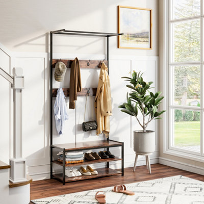 H&O Coat Hat Shoes Hanger Hallway Rack with 3 Tiers Storage Shelves