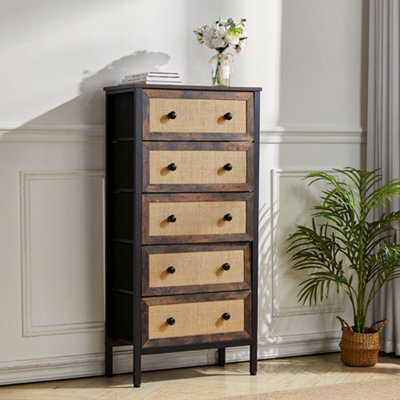 H&O Rustic Rattan Freestanding Storage Cabinet with 5 Drawers