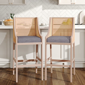 H&O Set of 2 Upholstered Rattan Bar Stools with Wood Frame Counter Height Stools Gray 109cm H