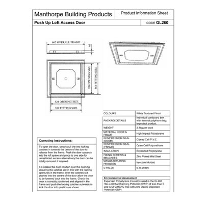H-Smart Manthorpe GL260 Push Up White Loft Trap Door and Frame 562 x 562mm Insulated Hatch