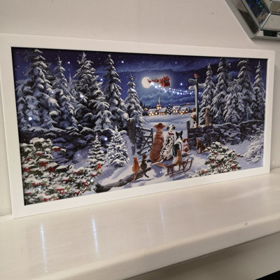 H30 x 60cm Battery Operated Fibre Optic Winter Dogs Watching Santa Sleigh Scene Touch Activated Christmas Canvas