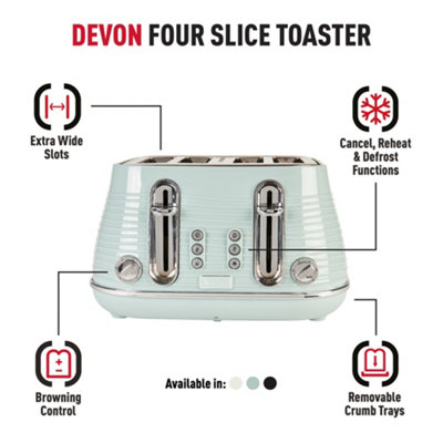 Haden Devon Eucalyptus 4 Slice Toaster - 6 Browning Settings, Wide Slots - 1630W