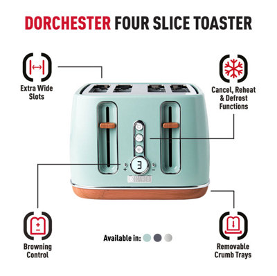 Haden Dorchester Matt Sage Green Toaster - 4 Slice Modern LCD Display Digital Toaster With Wood Effect Finish