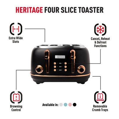 Haden Heritage Black & Copper Toaster - 4 Slice Electric Stainless-Steel Toaster with Reheat and Defrost Functions