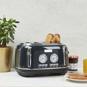 Haden Jersey 4 Slice Steel Blue Toaster - Steel Toaster with Reheat and Defrost Functions - Retro Electric Stainless