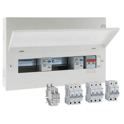HAGER 10 WAY HI INT POPULATED CONS UNIT, INC8 MCBs & 2 BLANKS + 100A MS & 2 X 100A 30mA RCD/RCCB