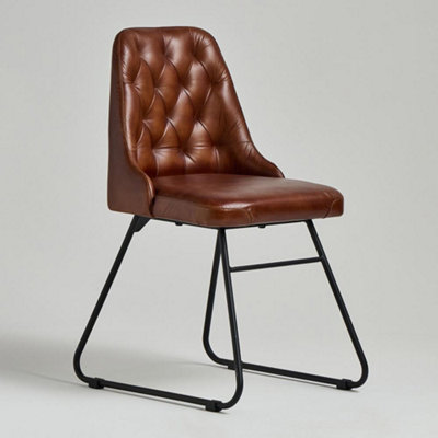Hague Dining Chair Mid-Century Chesterfield Brown Genuine Leather Seat Industrial Black Metal Base