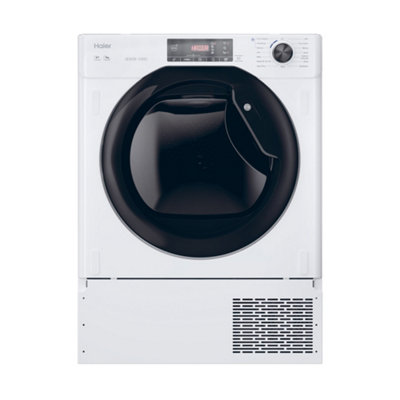 White Haier tumble dryer with black door.