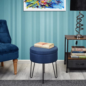 Hairpin leg storage stool in Blue Linen