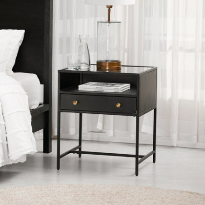 Hale Metal Nightstand with Glasstop Bedside Side Table Nightstand with Drawer in Black